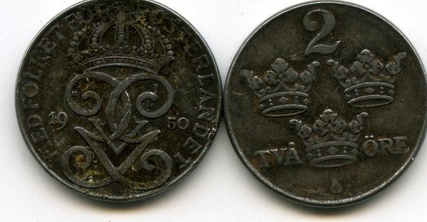 Монета 2 эрэ 1950г Швеция
