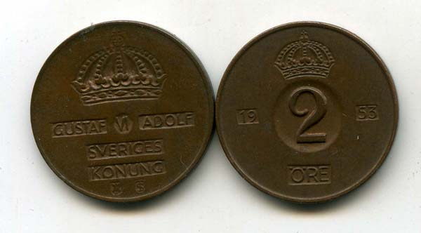Монета 2 эрэ 1953г Швеция