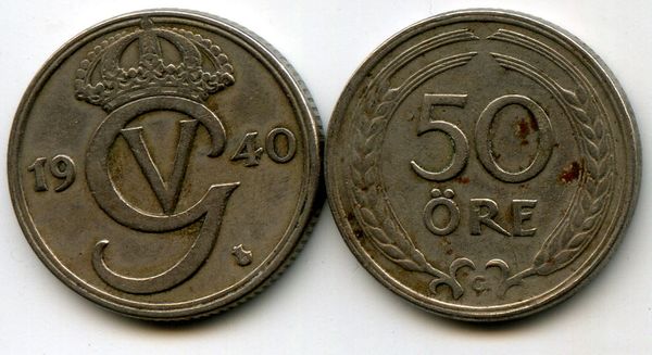 Монета 50 эрэ 1940г Швеция