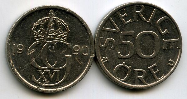 Монета 50 эрэ 1990г Швеция