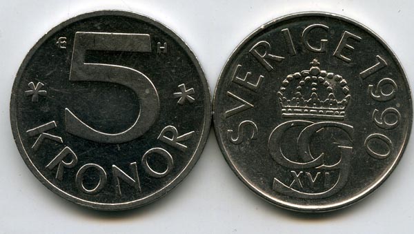 Монета 5 крон 1990г Швеция