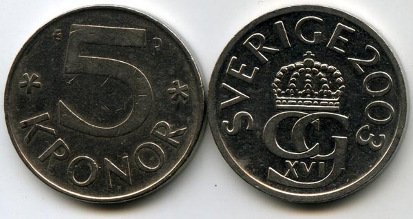 Монета 5 крон 2003г Швеция