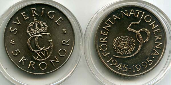 Монета 5 крон 1995г 50 лет ООН Швеция