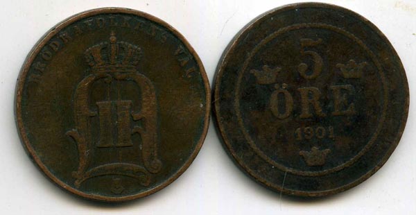 Монета 5 эрэ 1901г Швеция