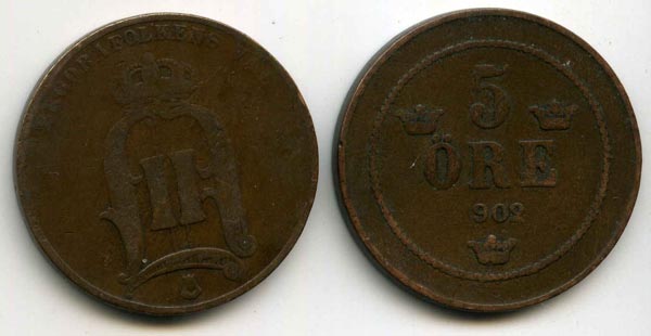 Монета 5 эрэ 1902г Швеция