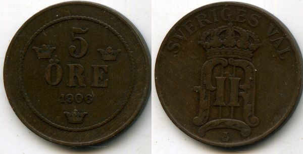 Монета 5 эрэ 1906г Швеция
