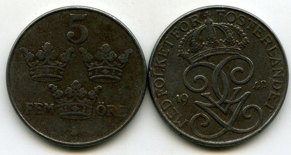 Монета 5 эрэ 1942г Швеция