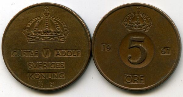 Монета 5 эрэ 1961г Швеция