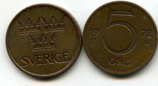 Монета 5 эрэ 1972г Швеция
