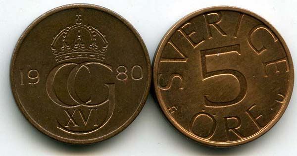 Монета 5 эрэ 1980г Швеция