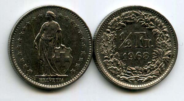 Монета 1/2 франка 1968г В Швейцария