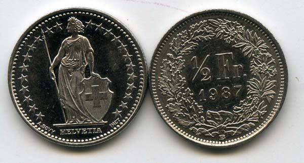 Монета 1/2 франка 1987г Швейцария