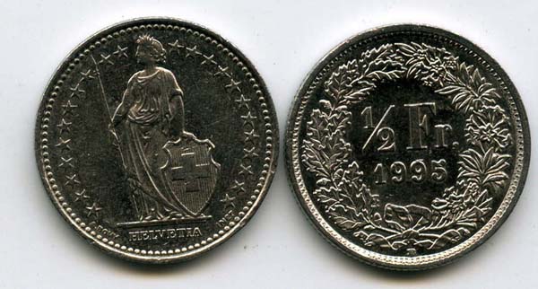 Монета 1/2 франка 1995г Швейцария
