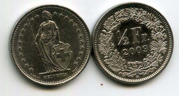Монета 1/2 франка 2009г Швейцария