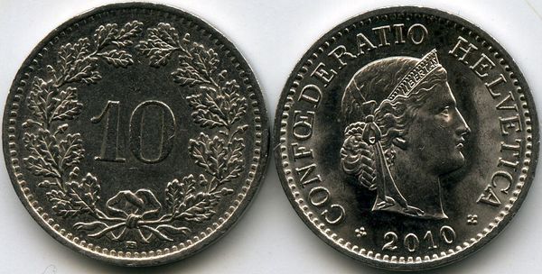 Монета 10 раппен 2010г Швейцария