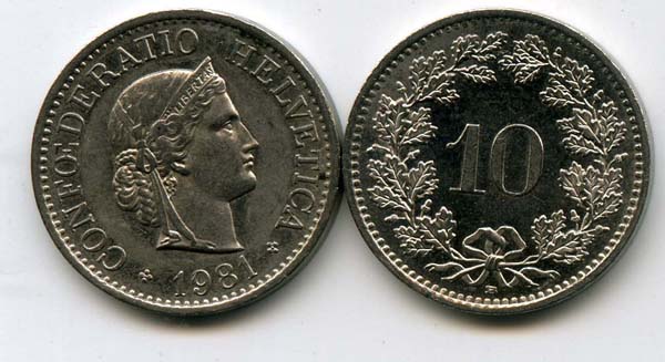 Монета 10 раппен 1981г Швейцария