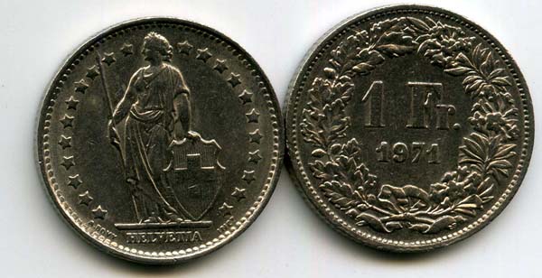 Монета 1 франк 1971г Швейцария