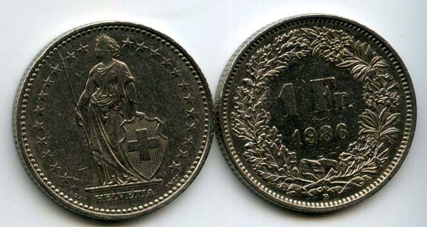 Монета 1 франк 1986г Швейцария