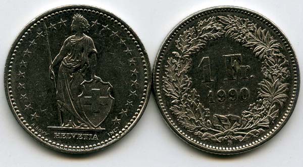 Монета 1 франк 1990г Швейцария