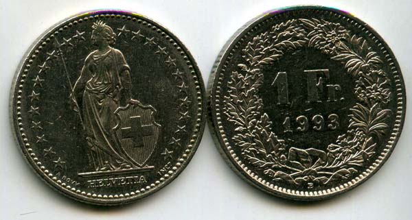 Монета 1 франк 1993г Швейцария