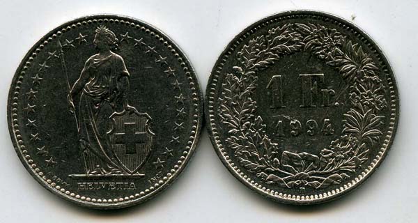 Монета 1 франк 1994г Швейцария