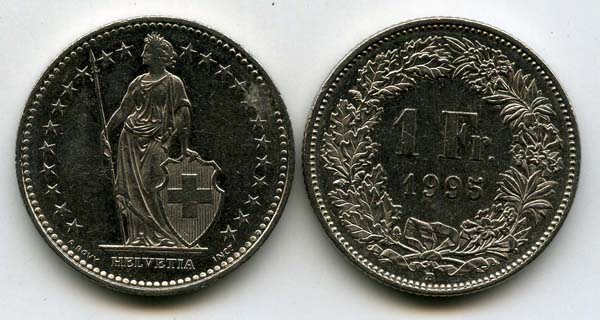 Монета 1 франк 1995г Швейцария