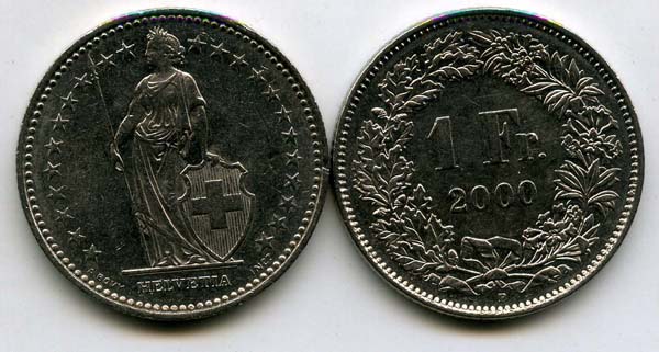 Монета 1 франк 2000г Швейцария
