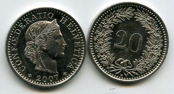 Монета 20 раппен 2007г Швейцария
