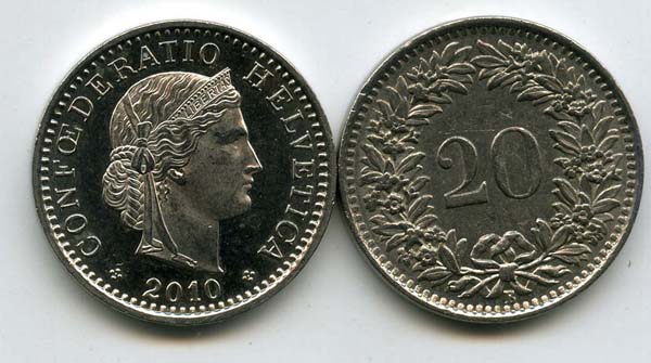 Монета 20 раппен 2010г Швейцария