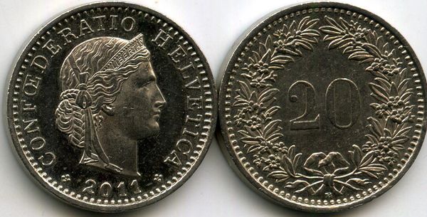 Монета 20 раппен 2011г Швейцария