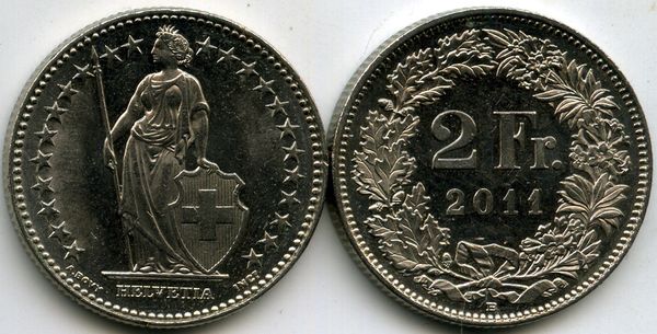 Монета 2 франка 2011г Швейцария