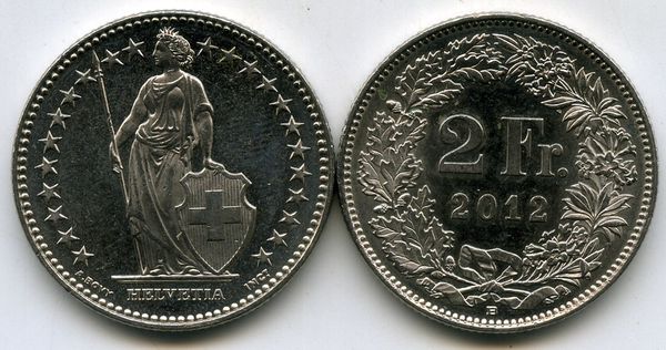 Монета 2 франка 2012г Швейцария