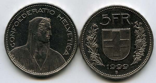 Монета 5 франков 1999г Швейцария