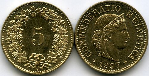 Монета 5 раппен 1997г Швейцария