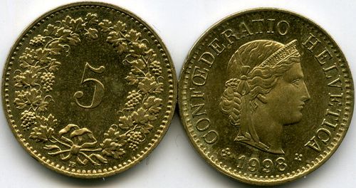 Монета 5 раппен 1998г Швейцария