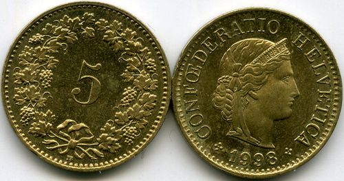 Монета 5 раппен 1998г Швейцария