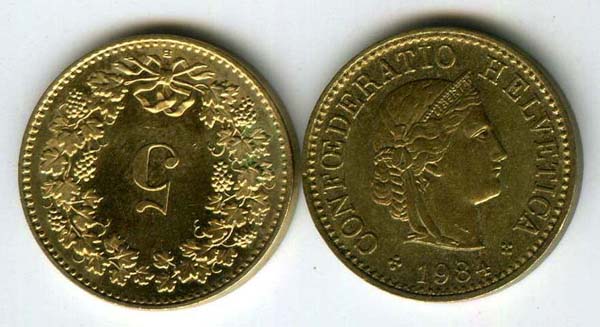 Монета 5 раппен 1984г Швейцария