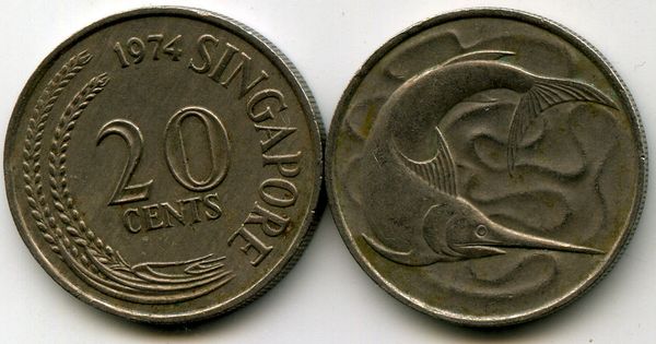 Монета 20 центов 1974г Сингапур