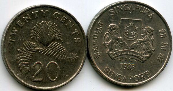 Монета 20 центов 1985г нт Сингапур
