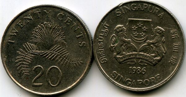 Монета 20 центов 1986г Сингапур