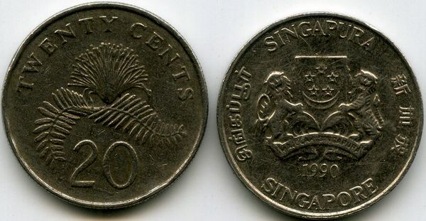 Монета 20 центов 1990г Сингапур