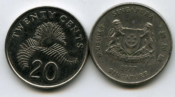 Монета 20 центов 1997г Сингапур