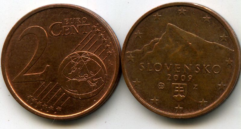 Монета 2 евроцента 2009г Словакия