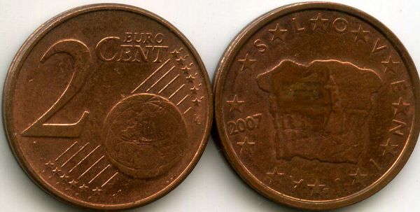 Монета 2 евроцента 2007г Словения