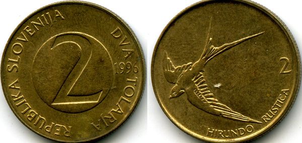 Монета 2 толара 1996г Словения