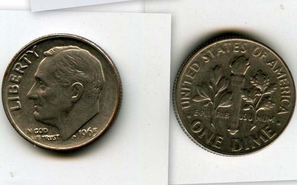 Монета 10 центов 1965г США