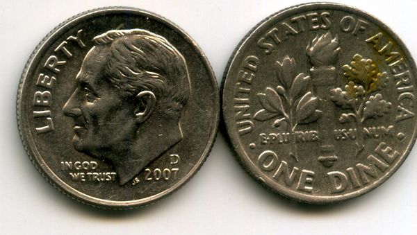 Монета 10 центов 2007г Д США