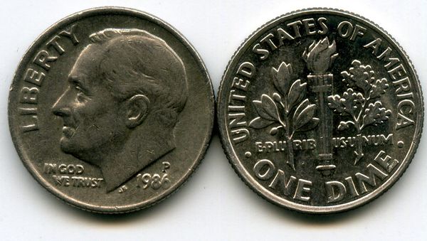 Монета 10 центов 1986г Р США