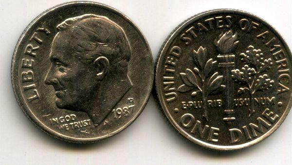 Монета 10 центов 1987г Р США