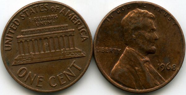 Монета 1 цент 1968г БЗМД США